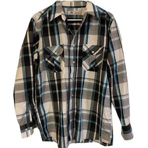 Generation One Black, White, and Blue Plaid Button Down Long Sleeve Shirt Size M